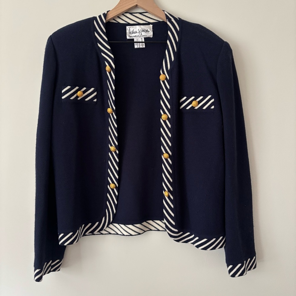 Vintage Tricoville 14 Navy White Striped Open Cardigan Gold Button Detail